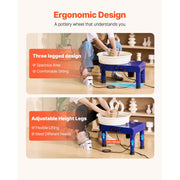KFFKFF 14-Inch Pottery Wheel with Adjustable Speed, Foot Pedal Control, Height-Adjustable Legs, Detachable Basin, Complete 16-Piece Tool Kit, Blue, LSFD-515
