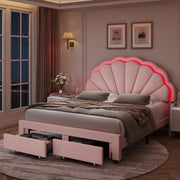 Homfa HFT-UP-107 LED Velvet Upholstered Platform Bed with Adjustable Petal Headboard And Drawer for Kid, Full Pink