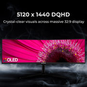 Deco Gear OLED 49 Inch Curved Ultrawide Monitor, 5120x1440 Resolution, 144Hz Refresh Rate, 0.03ms Response Time, HDR400 True Black, 32:9 Aspect Ratio, Adaptive Sync, 90W USB-C, Built-in Speakers, Adjustable Stand