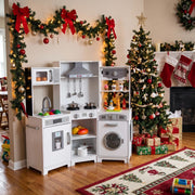 Pirecart Kids Corner Play Kitchen, Pretend Playset with Sound and Light Range Hood, White