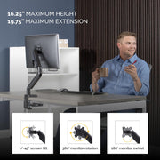 Fellowes Platinum Series Single Monitor Arm for Up to 40-Inch Monitors, Full Motion with 360 Rotation, VESA Mount, Integrated USB Ports, Black, 8043301