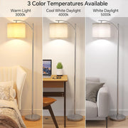 SUNMORY Arc Floor Lamp with Adjustable Hanging Linen Shade, 9W LED Bulb with 3 Color Temperatures, Foot Switch, Silver