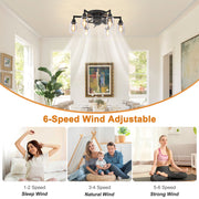 Garwarm 6-Light Industrial Ceiling Fan with Lights, Black Flush Mount, 6-Speed Reversible Quiet DC Motor, Remote Control, JD2003-6B