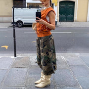 Yyy Women Camo Cargo Pocket Wide Leg Pants, Loose Fit, Green, Size S