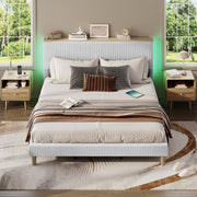 Bestier King Platform Bed Frame with Adjustable Storage Headboard Shelf, RGB LED Lighting, Corduroy Upholstered, Light Gray