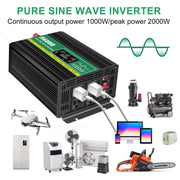 JIGUUN 2000W Pure Sine Wave Power Inverter with Wireless Remote Control, LCD Display, 4 AC Outlets, USB Port, Black
