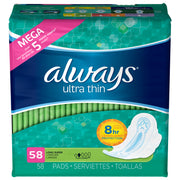 Always 3700081690 Ultra Thin Super Pads, With Wings, 58 Count