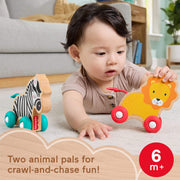 Fisher-Price Wooden Push Along Animals Toy Set, Lion and Zebra Vehicles with Silicone Wheels, Sustainable Wood, Infant Crawling Play, JFN19