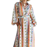 Haimao Tong Women Boho Print Maxi Shirt Dress, Long Sleeve, Belted Waist, Casual Vacation Style