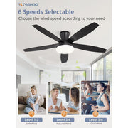 Zardon 52in Ceiling Fan with Light, Remote Control, Reversible Motor, 6 Speeds, Flush Mount, Indoor Outdoor, Black HQ52