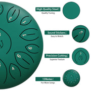 Lidguni 12 Inch Tongue Pan Drum, 15-Note C Major Rain Drum, Green
