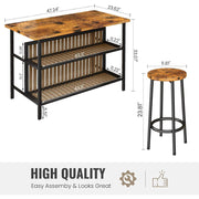 Mooseng 3-Piece Kitchen Island Set with Storage, Wooden Bar Table and 2 Walnut Stools, Industrial Modern Counter Height Dining Set