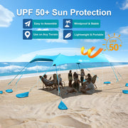 Easierhike 10x10 Beach Canopy, Windproof Sun Shelter with UPF 50+ Protection, 8 Large Sandbags, 4 Aluminum Poles, Portable Outdoor Tent, Turquoise