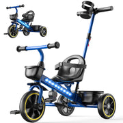 JoyStone 2-in-1 Toddler Tricycle with Push and Pedal Modes, Adjustable Seat and Handlebar, LED Lights, Storage Basket, Blue, 5247547808