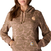Carhartt Relaxed-Fit Midweight Logo Sleeve Graphic Hooded Sweatshirt for Ladies, Soft Sepia Vintage Camo, M