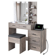 Ktaxon Vanity Set, Makeup Table with Sliding Mirror, Adjustable 3-Color LED Lighting, Built-In Power Strip with USB Ports, 6 Drawers, 2 Shelves, Padded Stool, Retro Gray