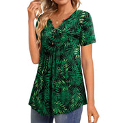 Fantaslook Womens Tunic Tops, Casual Short Sleeve Blouses, V Neck Button Pleated Floral Summer Shirts, Loose Fit Green
