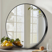 EDX Wall Round Mirror, 24in Black Aluminum Alloy Frame, Crystal Clear Reflection, Hanging Hooks