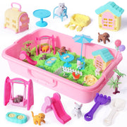 Homotte Billeeit Magic Sensory Sand Kit for Kids, 2.2lbs Moldable Green Sand with 28pcs Pet Care Accessories and Storage Box