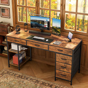 Amadwell 47 in Computer Desk with 6 Fabric Drawers, Reversible Shelves, Adjustable Middle Shelf, Rustic Brown and Black