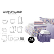 Mainstays 14pc College Dorm Essentials Bedding Set, Twin-XL, Reversible Purple Floral Comforter Bundle