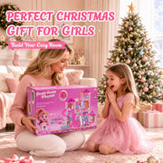 MOJINO Pink 12-Room 4-Story Dollhouse Playset with Furniture, Dolls Figures, Colorful LED Lights, Slide and Pool for Girls Ages 3+