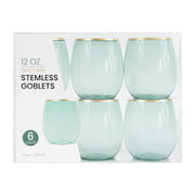 PLASTICPRO Stemless Disposable Wine Glasses, 12 Oz Translucent Green Plastic Cups with Gold Rim, Pack of 6
