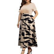 FOLUNSI Women Plus Size Maxi Dress, Short Sleeve, Loose Fit, Ribbed Floral Pattern, Apricot, 3XL