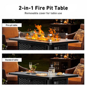 Philergo 43in Propane Fire Pit Table, Black Alloy Steel, 60,000 BTU, Rectangular with Tempered Glass Wind Guard, Blue Glass Rocks, Waterproof Cover