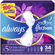 Always Radiant Extra Heavy Overnight Pads with FlexFoam Technology, Size 5, Unscented, 34 Count