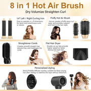 Taotique 8 in 1 Blow Dryer Brush Set, Detachable Hair Styling Tool with 3 Heat Settings, Multi-Attachment Hot Air Brush for Curling, Drying, Volumizing, Smoothing, Gold