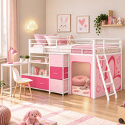 Zimtown Full Size Low Loft Bed with L-Shaped Desk, 5 Storage Drawers, USB Charging Ports, LED Light, White