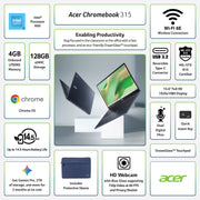 Acer Chromebook 315 Laptop, 15.6-inch FHD Anti-Glare Display, Intel Processor N50, 4GB DDR5 RAM, 128GB eMMC, Wi-Fi 6E, Bluetooth 5.3, OceanGlass Touchpad, Elemental Blue, Protective Sleeve