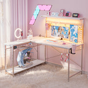 Bestier 51 L Shaped Gaming Desk with Power Outlets, LED Workstation with 4 Tiers Shelves, Carbon Fiber White