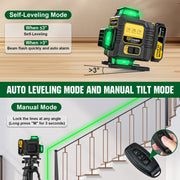 Gisam RX-ZZ Laser Level Tool, 4x360 Self-Leveling Green Cross Line, 16 Lines, Bluetooth Remote Control, Tripod Included, 2x4800mAh Batteries