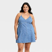Universal Thread Women's Mini Halter Denim Dress, Medium Wash, Small - Machine Washable