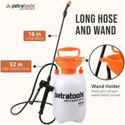 PetraTools HD101 Garden Sprayer, 1 Gallon Pump Sprayer with 52-Inch Hose, Adjustable Nozzles, Pressure Release Valve