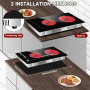 TYEMUI 2 Burner Electric Cooktop, Portable 2000W Infrared, 12in Ceramic Glass, Built-In or Countertop, 110v