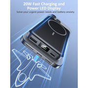 Breezio Magnetic Portable Charger Power Bank, 10000mAh, 20W Fast Charging, 5-in-1 with Built-In Type-C and Lightning Cables, Wireless Charging, Dark Black, W17