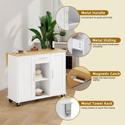 Walsunny Kitchen Island Cart with Expandable Drop Leaf Table, 1 Drawer, 2 Magnetic Door Cabinets, 2 Open Shelves, 5 Wheels with 2 Lockable, Stainless Steel Towel Rack, White
