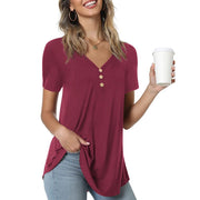 Anygrew Womens Summer Short Sleeve Tunic Top, V-Neck, Button Front, Loose Fit Flare, Red, Size L