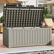 Dextrus 120 Gallon Outdoor Storage Deck Box, Weatherproof Polypropylene Resin, Lockable Lid, Light Brown, Large Garden Pool Organizer