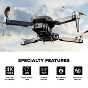 Vivitar SkyVision 4K Ultra HD GPS Foldable Video Drone, 4.3-Inch Display Controller, Brushless Motors, 1-Axis Gimbal, VR Headset, 17-Minute Flight Time