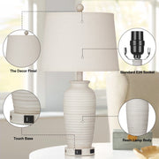 Cinkeda Farmhouse Jar Table Lamp Set of 2 with 3-Way Dimmable Touch Control, USB A+C Ports, AC Outlet, White Resin with Beige Linen Shade, 24 in, WMTD-330