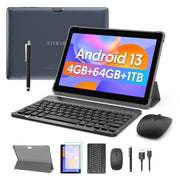 Fitifun 10 Inch Android 13 Tablet, 4GB RAM, 64GB ROM, 1TB Expandable Storage, Quad-Core Processor, Dual Cameras 2MP+8MP, 1280x800 IPS Display, Bluetooth Keyboard, Mouse, Stylus, Blue, M10