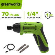Greenworks 8V Cordless Screwdriver, 70 in-lb Torque, 5+1 Clutch Settings, Dual-Position Handle, Includes 2 Bits and USB-C Charging Cable