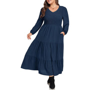 Astlbim Women Plus Size Blue A-Line Dress, Long 3/4 Sleeve, V Neck, Elastic High Waist, Tiered Maxi with Pockets 2026