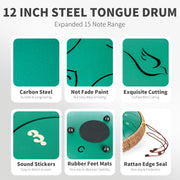 Lidguni 12in Steel Tongue Drum, 15 Hand-Tuned Notes, C Major Scale, Green