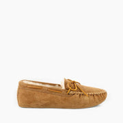 Minnetonka Sheepskin Hardsole Moccasin Slippers for Men, Tan, Size 15W, Leather Upper, Memory Foam Insole