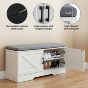 Concetta White Storage Bench, 39 Inch Width, Padded Seat with 26mm Sponge Cushion, Four Barn-Door Compartments, Adjustable Shelf, EPA-Certified Board